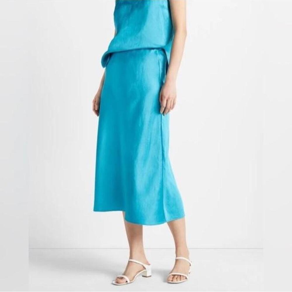 Club Monaco teal satin midi skirt and top set.